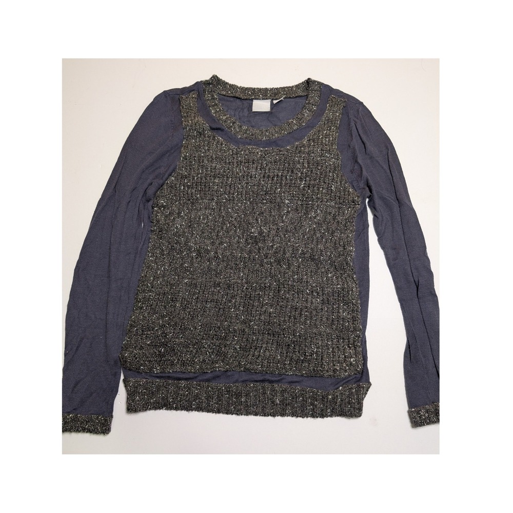 Oscar de la Renta O.C. Womens Blue Gray Metallic Knit Mixed Media Sweater Small